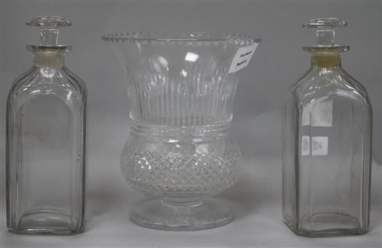 A cut glass thistle shaped vase and a pair of cased decanters H.22cm